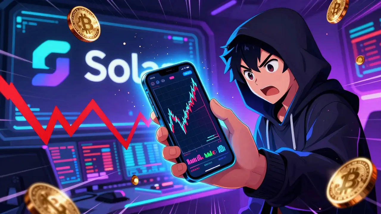 Anime character reacting to volatile crypto price charts on phone
