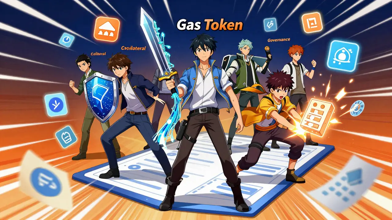 Anime characters embodying DeFi roles like collateral, gas fees, and governance on a blockchain platform.