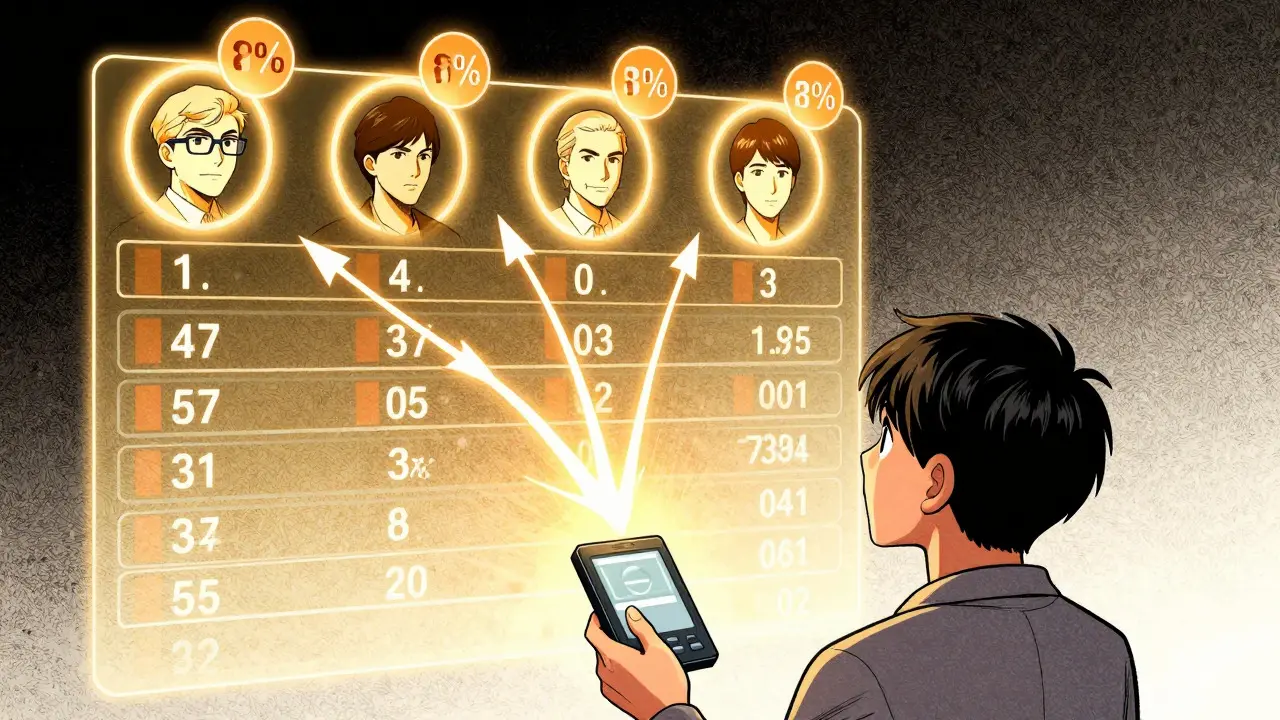 Anime illustration of a novice following pro traders via a glowing leaderboard hologram.