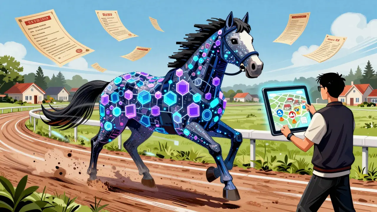 Anime style horse racing merging with real estate maps and NFTs