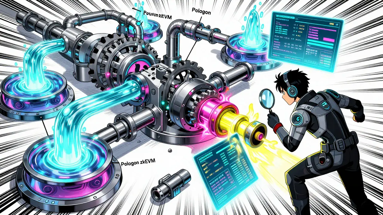 Anime style illustration of AMM technology with a broken Polygon zkEVM connection