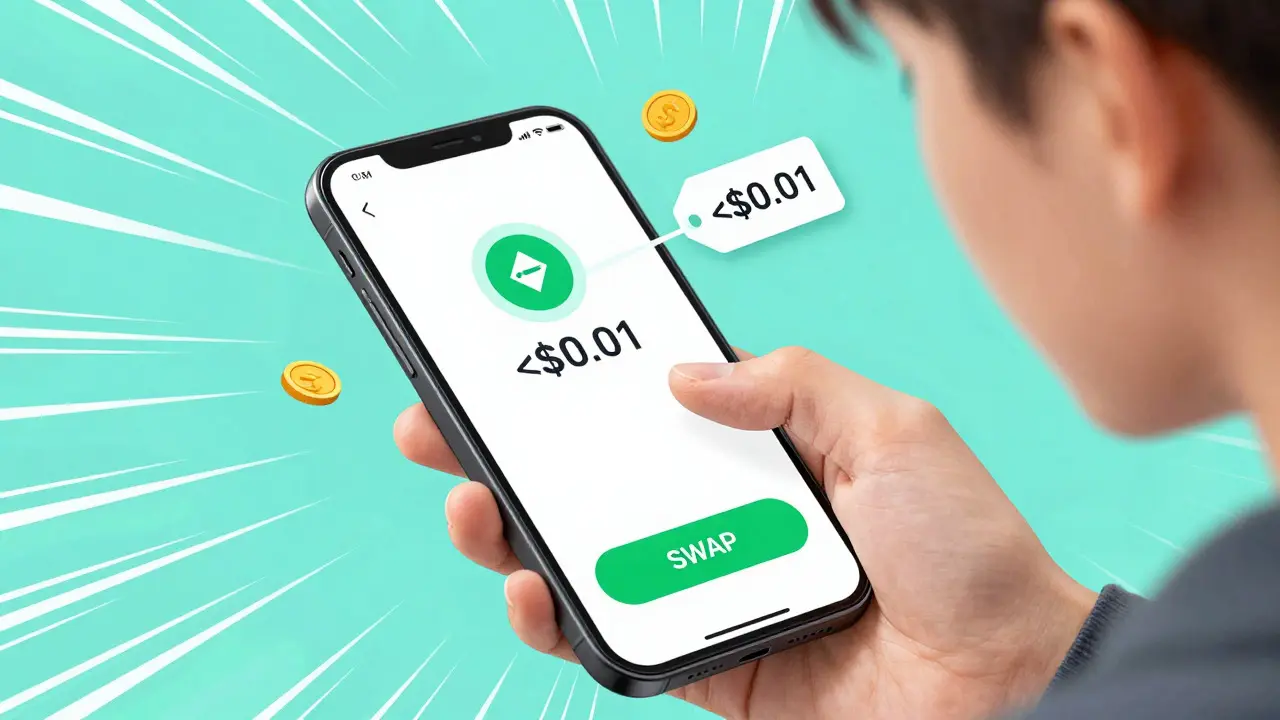 Anime style phone screen showing cheap crypto swap with low fees and speed lines