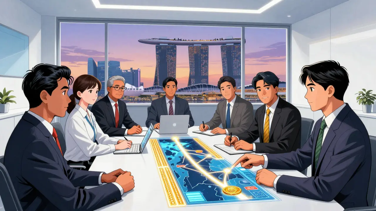 Business professionals analyzing stablecoin flows in a Singapore office