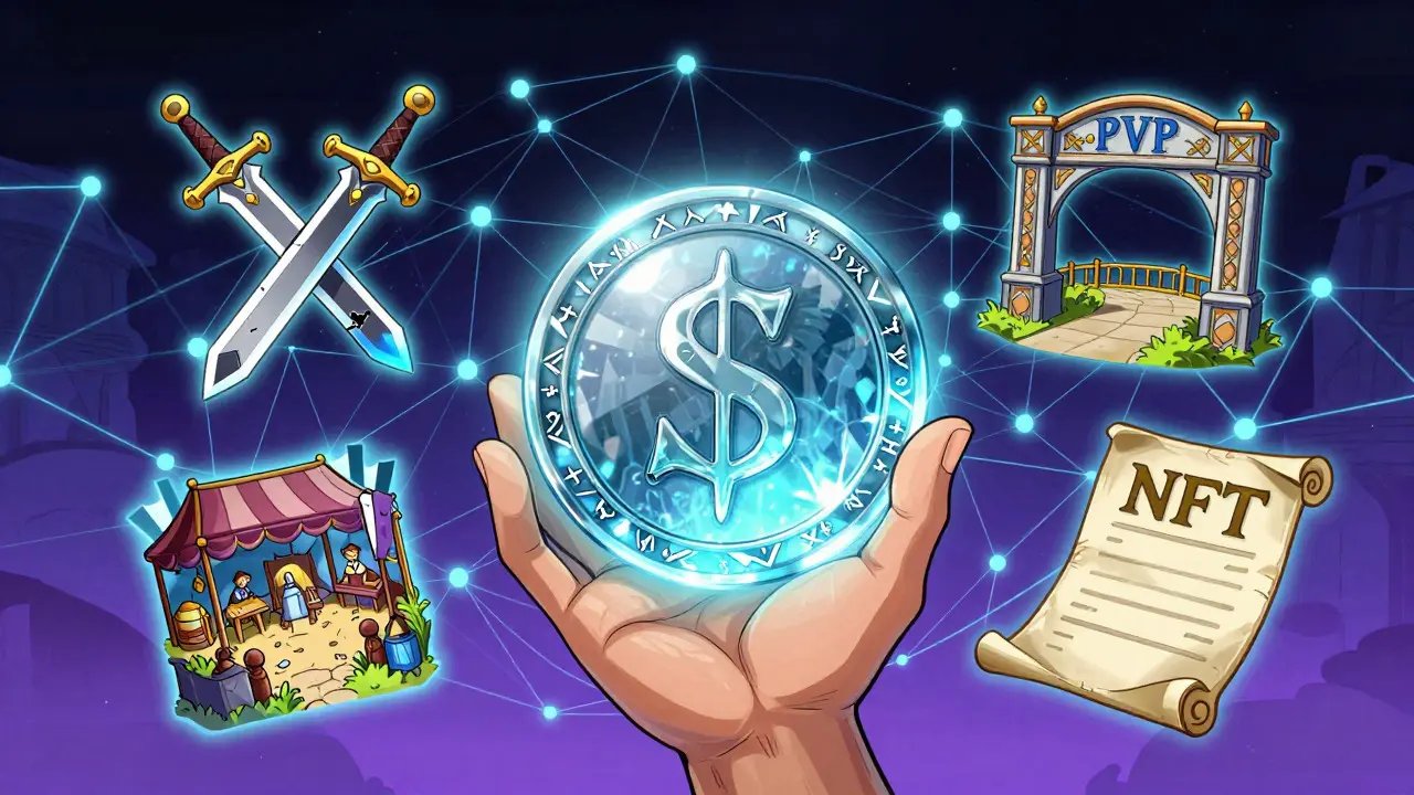 Character holding crypto token with gameplay utility icons