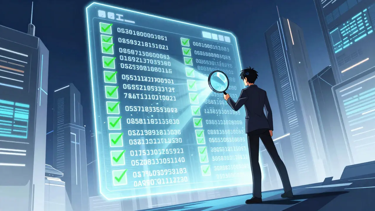 Character verifying transparent blockchain data on a giant holographic ledger
