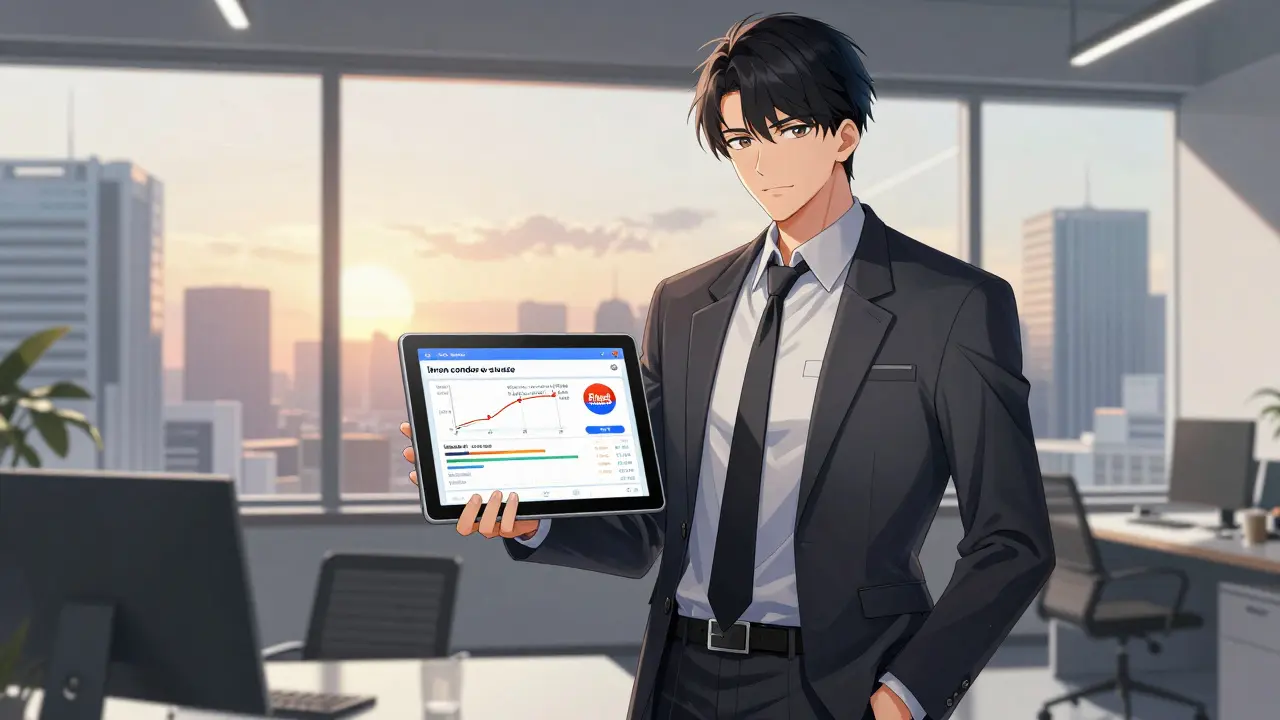 Confident manga trader holding tablet with successful trade execution