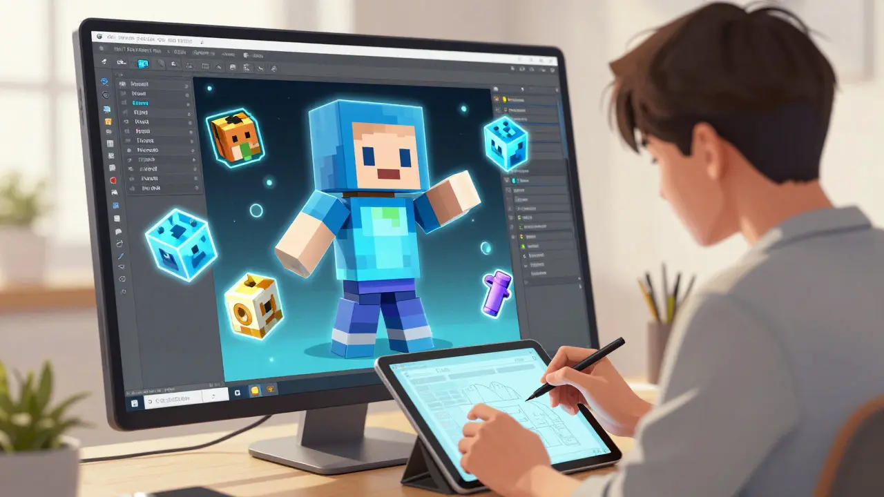 Creator designing a 3D voxel avatar that emerges from a tablet screen