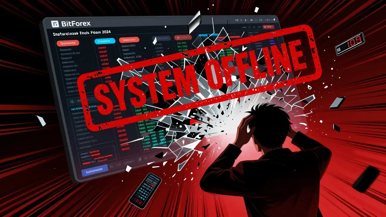 Dramatic manga scene of a digital exchange platform shattering due to shutdown.