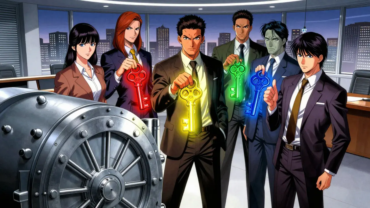 Five executives combining keys to open a vault in a dramatic manga scene