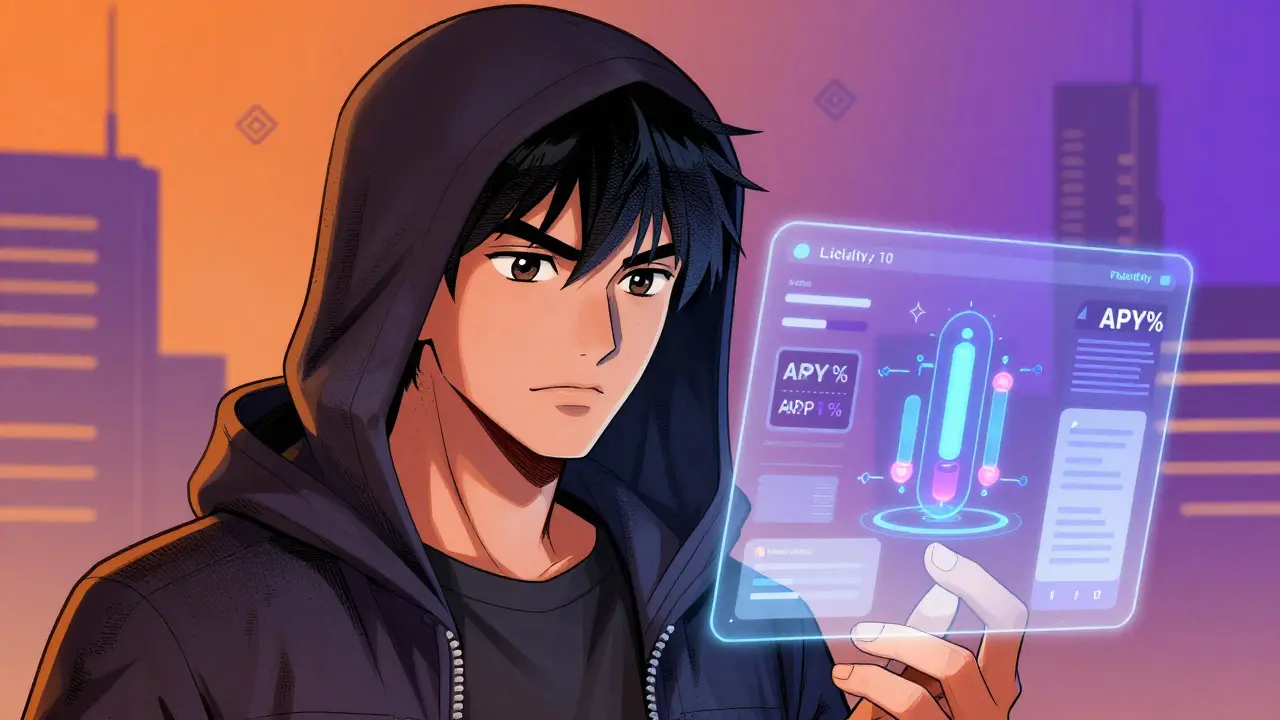 Focused anime developer analyzing DeFi liquidity pools