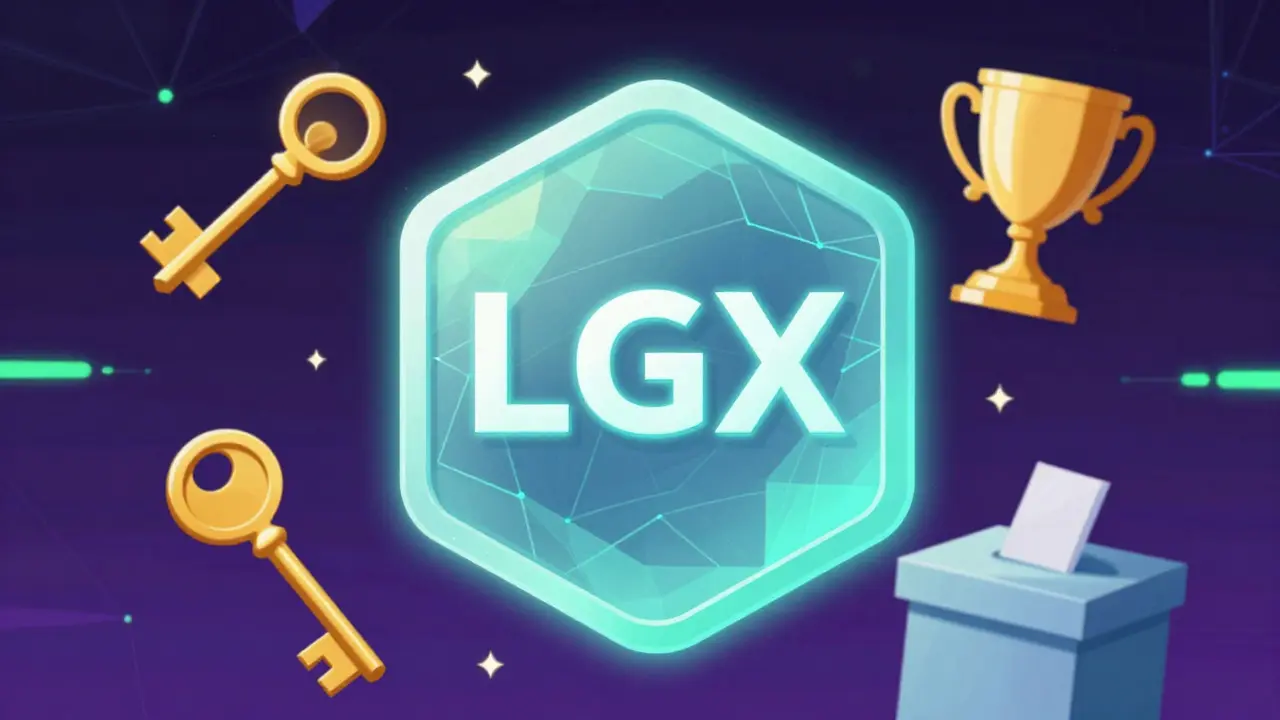Glowing LGX token surrounded by keys, trophies, and ballots in anime art style.