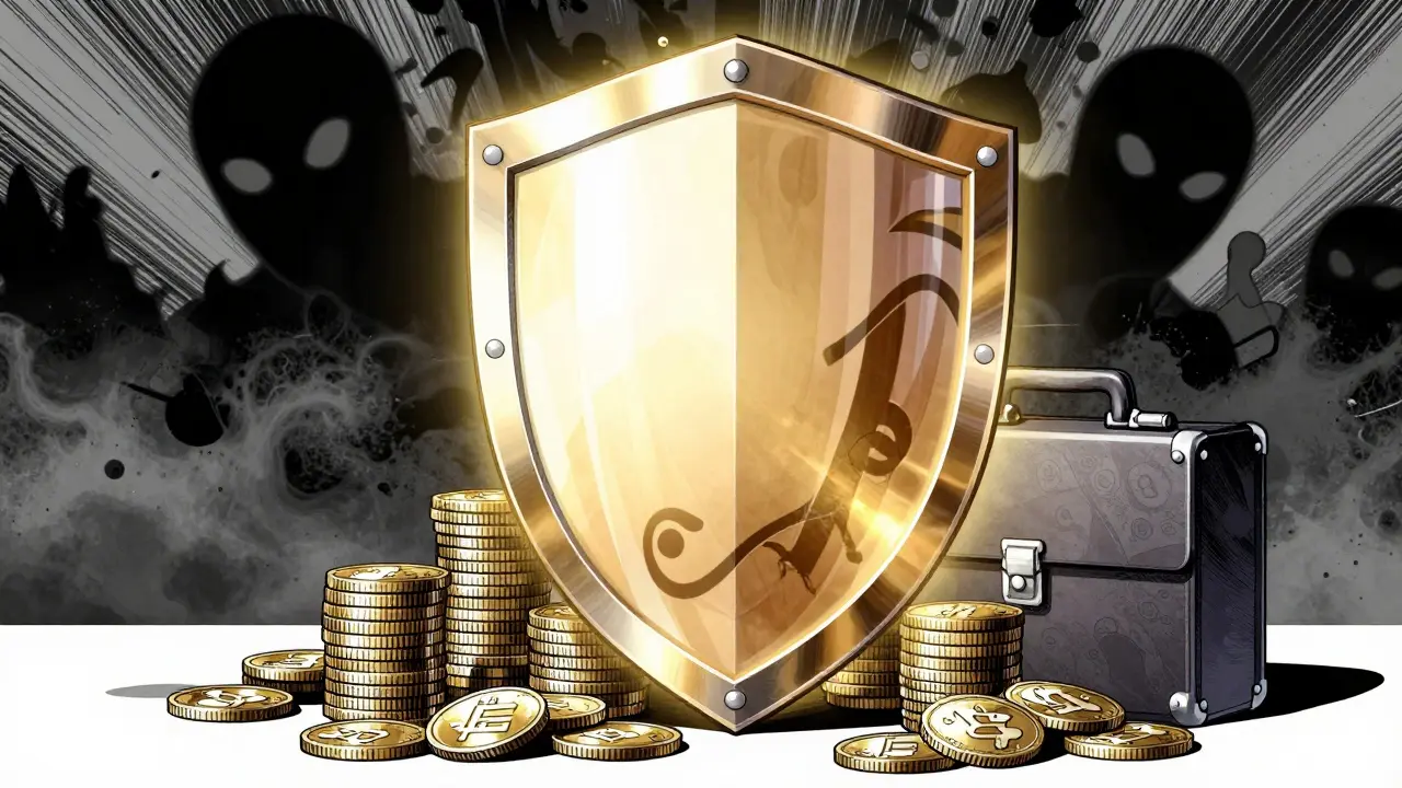 Golden shield protecting digital assets from market volatility and risks
