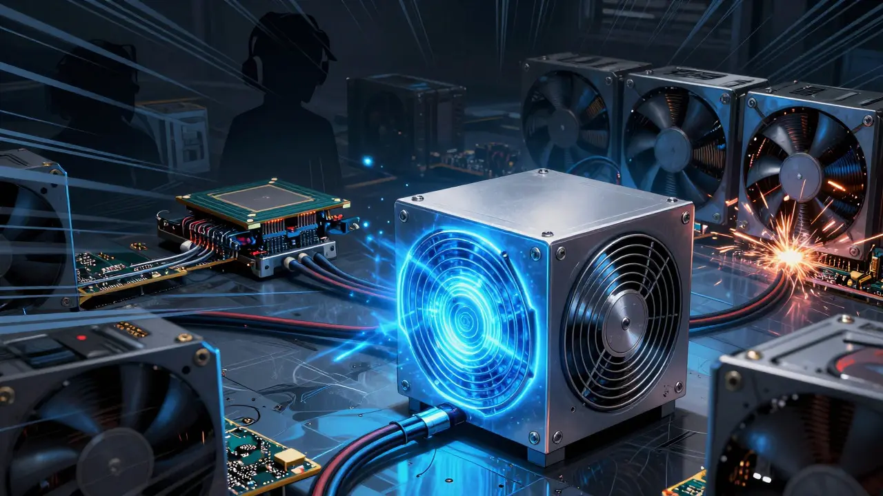 Industrial ASIC miner glowing with energy, overshadowing old CPU hardware