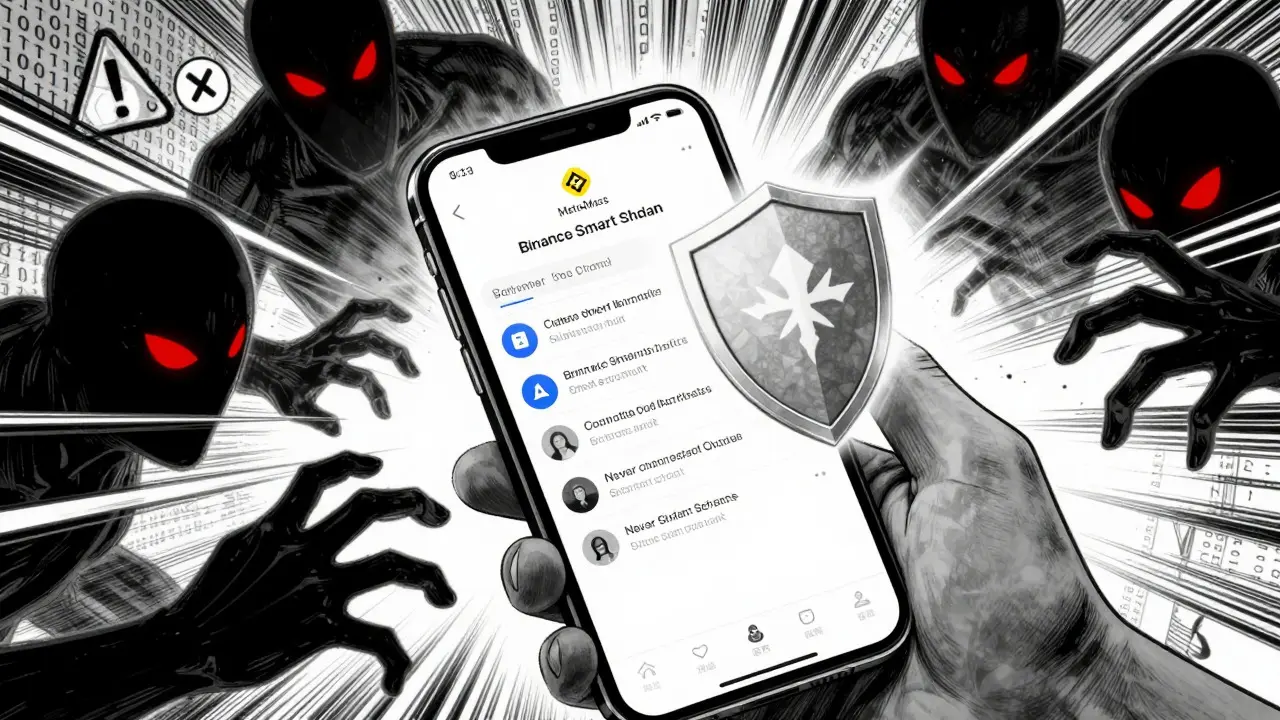 Manga art of a secure crypto wallet protecting against digital scam threats.