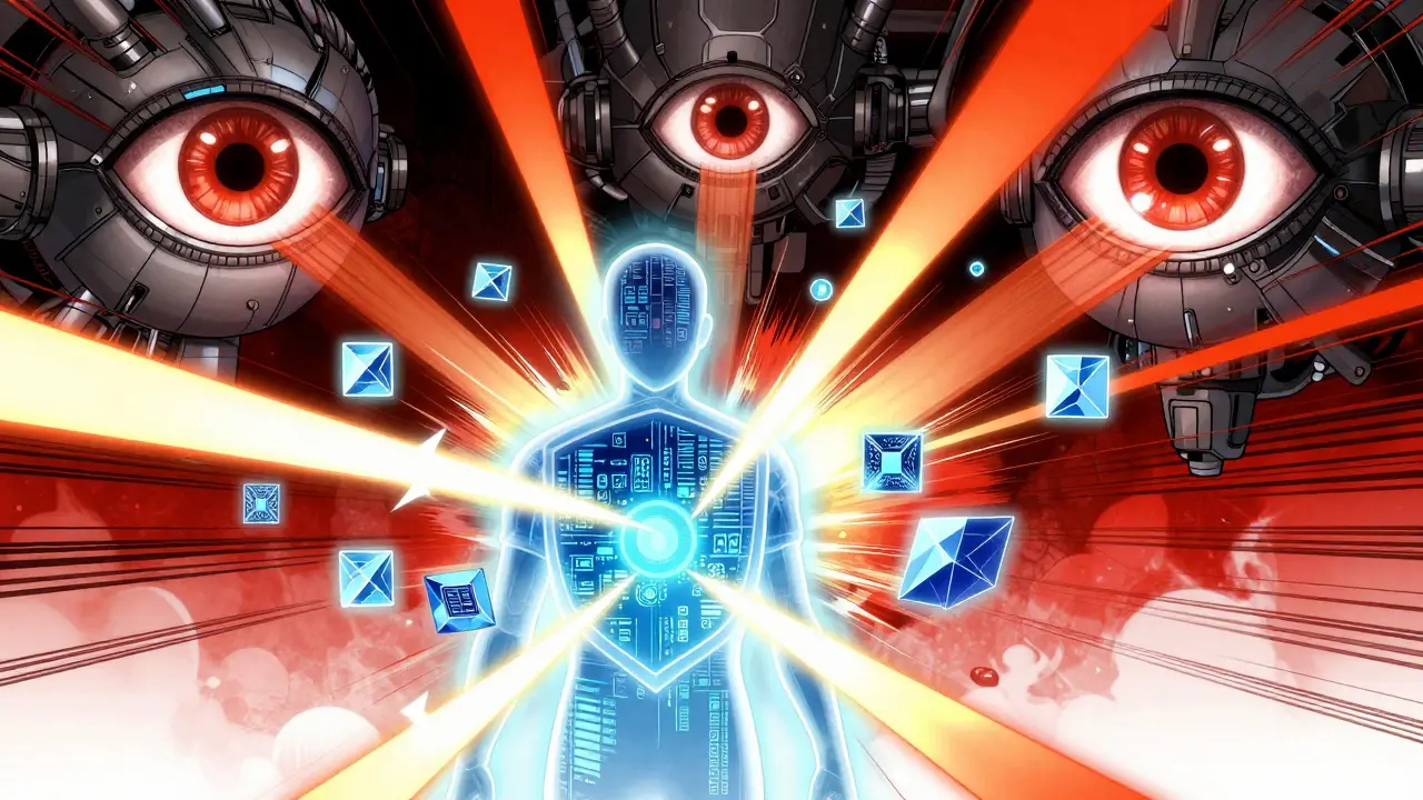 Manga art of digital eyes scanning data packets against a user