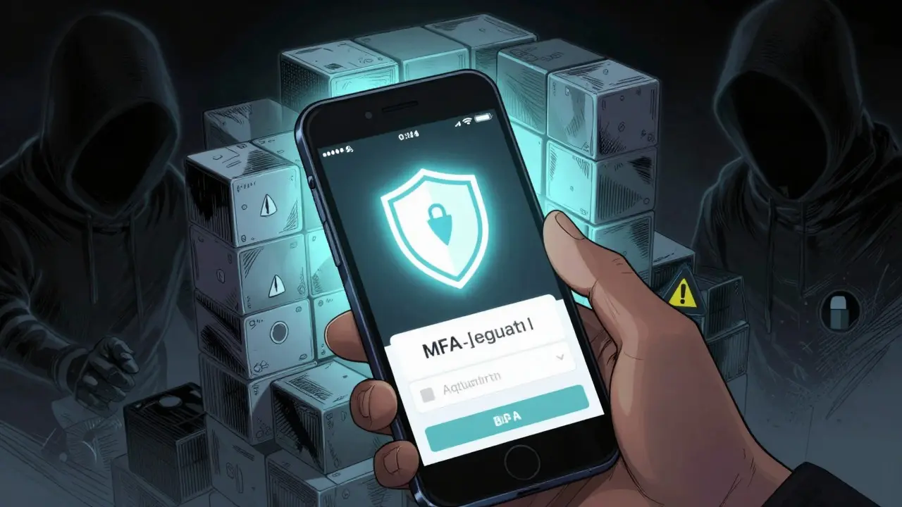 Manga art showing a secure phone login with a shield blocking shadowy hacker figures.