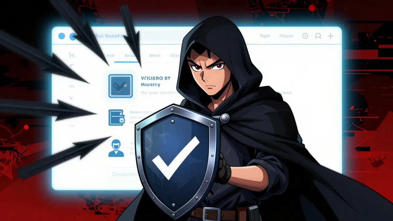 Manga character blocking scam attacks with a security shield