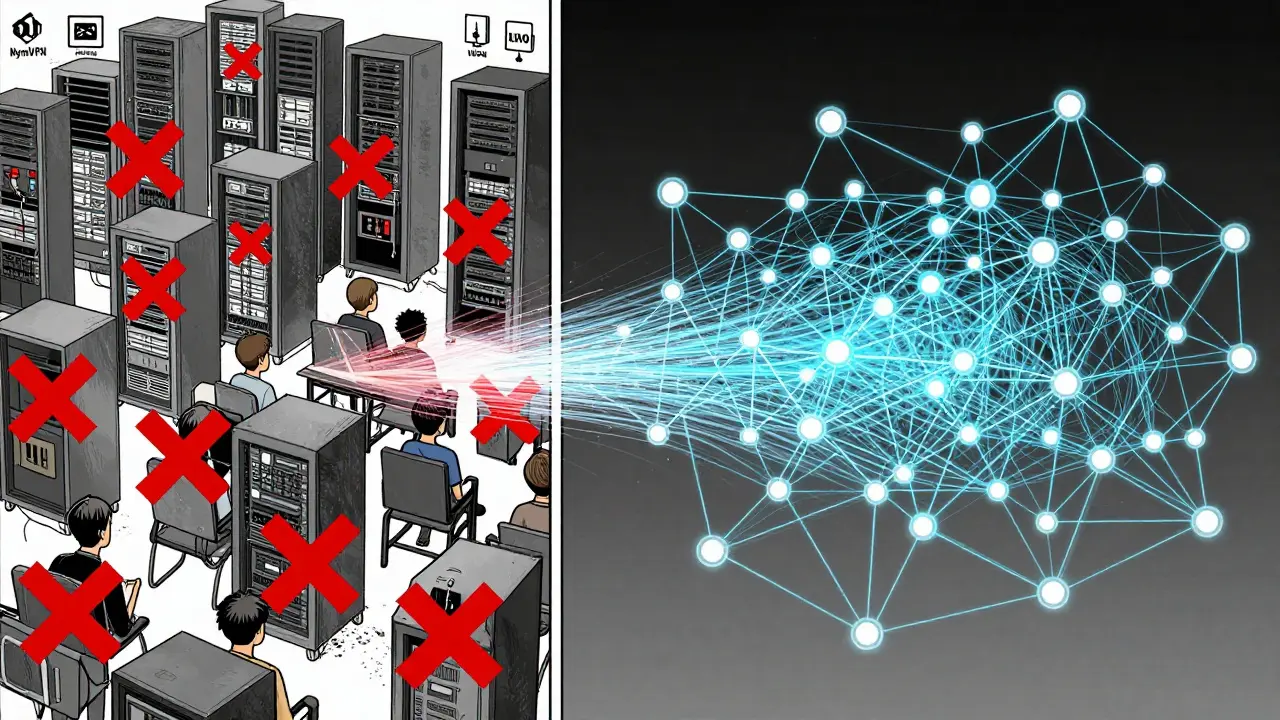 Manga illustration comparing centralized VPN blocking vs decentralized mixnet