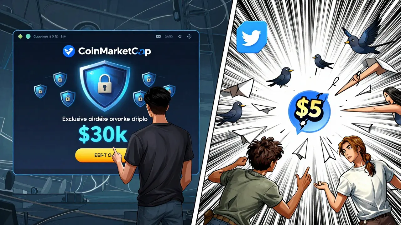 Manga illustration comparing exclusive NFT drop vs social media token giveaway paths