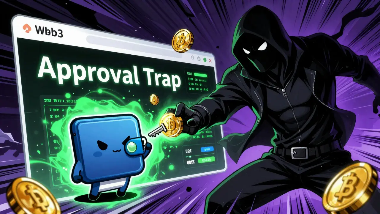 Manga illustration of hacker stealing funds via wallet approval trap