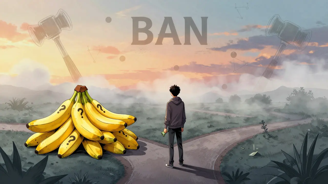 Manga illustration of investor facing risky banana-themed crypto choice