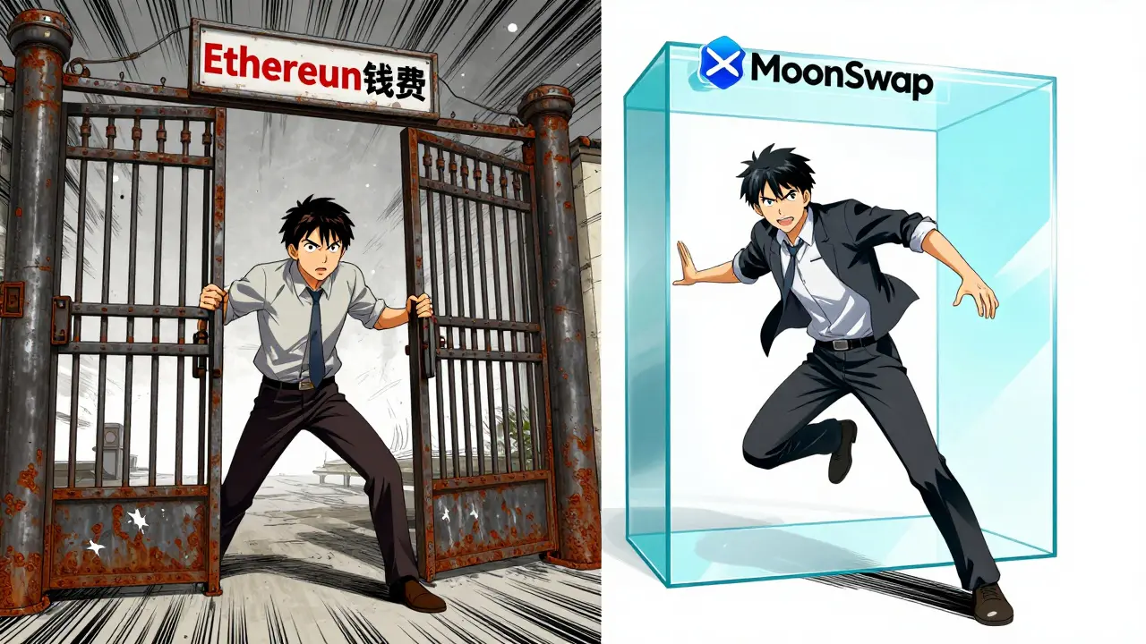 Manga panel comparing high fee barriers vs easy low-fee trading