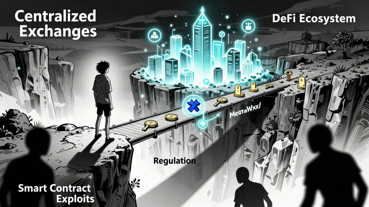 Manga scene of a user bridging from centralized exchange to decentralized finance cityscape amid risks.