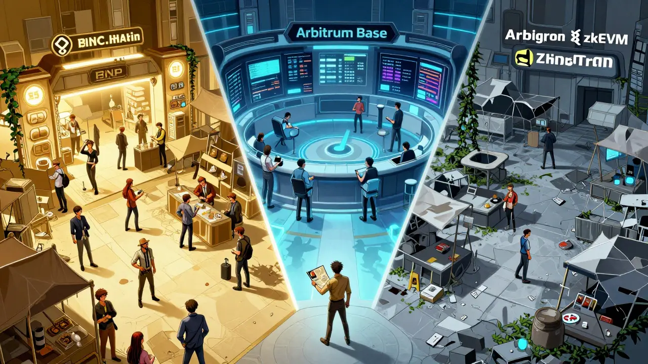 Manga scene showing traders choosing between BNB Chain, Arbitrum, and Base alternatives