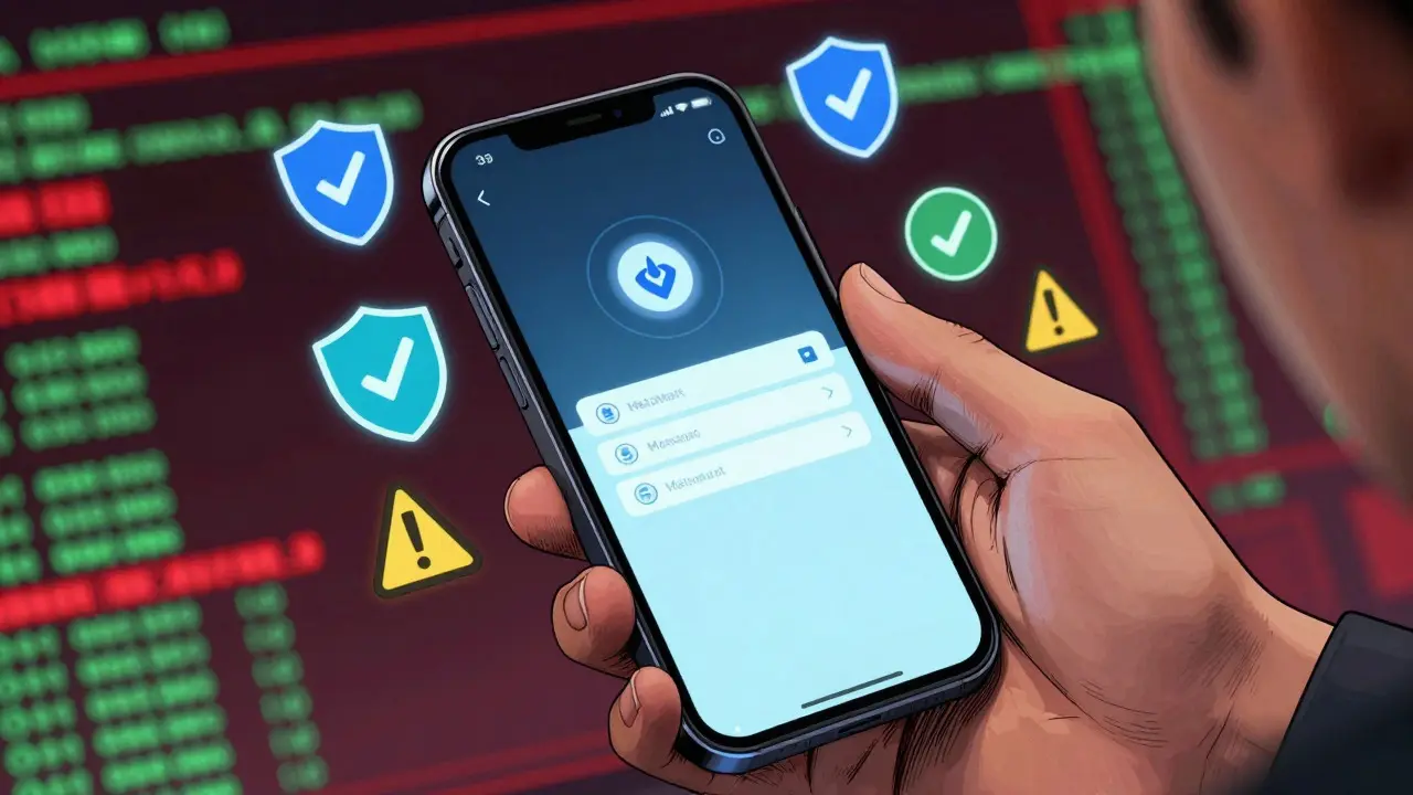 Manga style close-up of hands holding a phone with crypto wallet UI and security shields