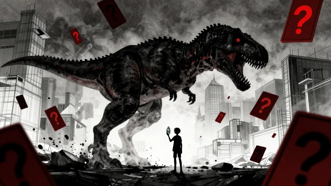 Shadowy dinosaur looming over a small figure holding a token amidst unfinished ruins.
