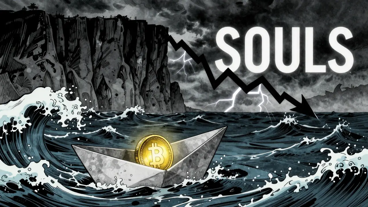 Small boat with coin struggling in stormy sea waves