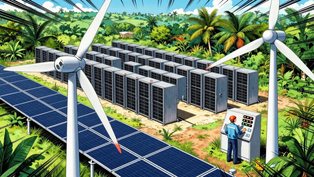 Solar-powered crypto mining farm in rural Cuba, manga style