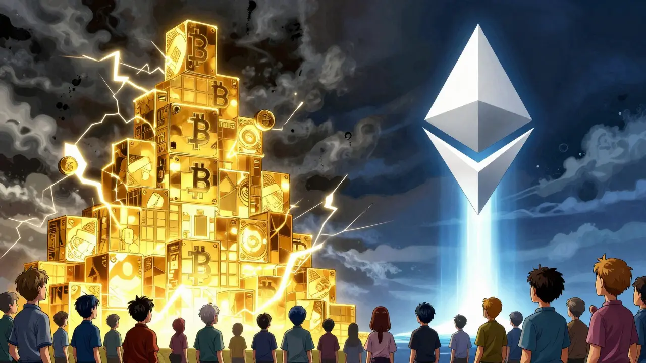 Split scene: chaotic golden blockchain vs calm light pillar, showing PoW vs PoS
