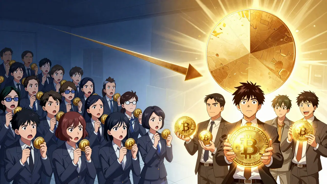 Split scene showing fewer people holding larger valuable tokens vs many holding small ones