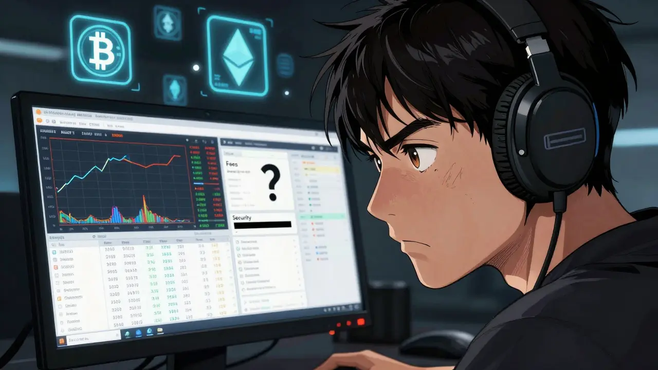 Trader staring at opaque fee structures on a desktop screen in manga style