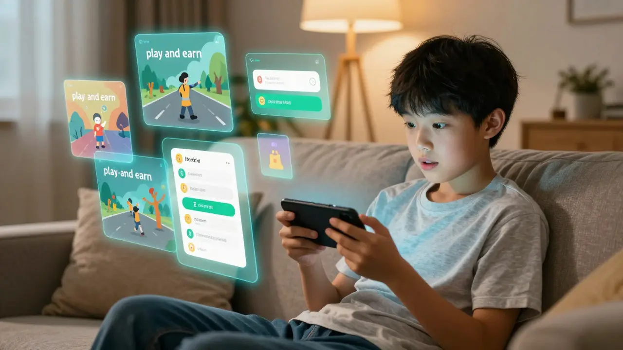 User engaging with play-to-earn mobile app features in a cozy room, manga illustration.