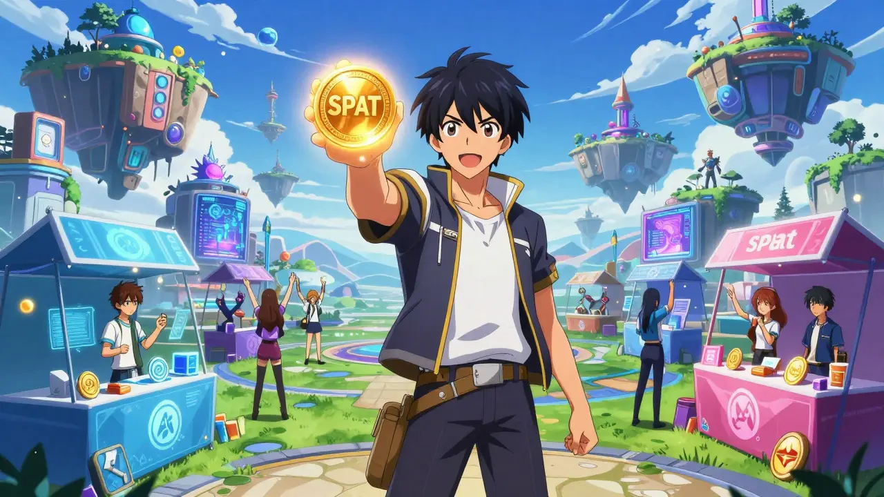 Winner holding glowing SPAT token in a colorful virtual metaverse world.