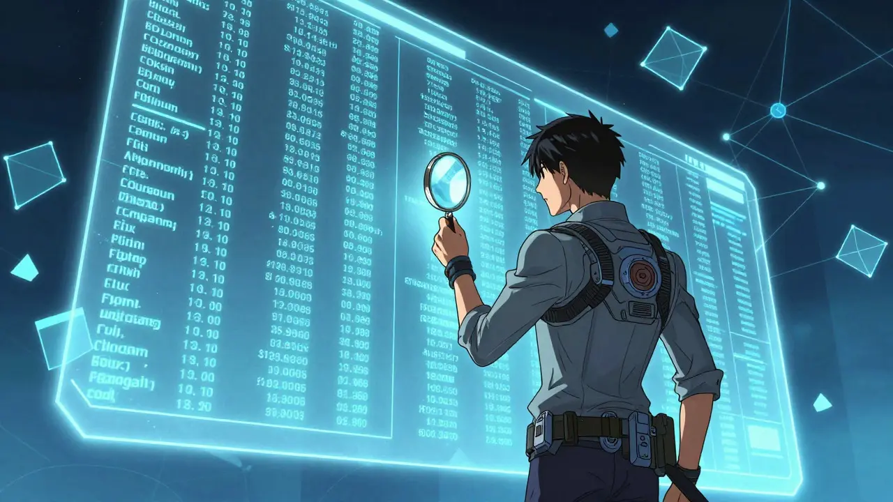 A character using a magnifying glass to inspect a holographic blockchain data wall