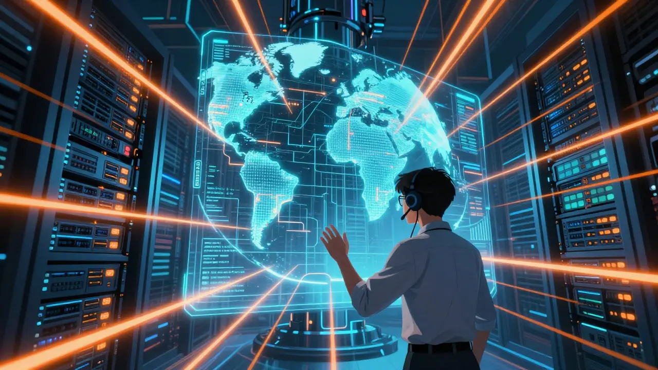 A compliance officer monitoring real-time blockchain transactions on a glowing holographic interface