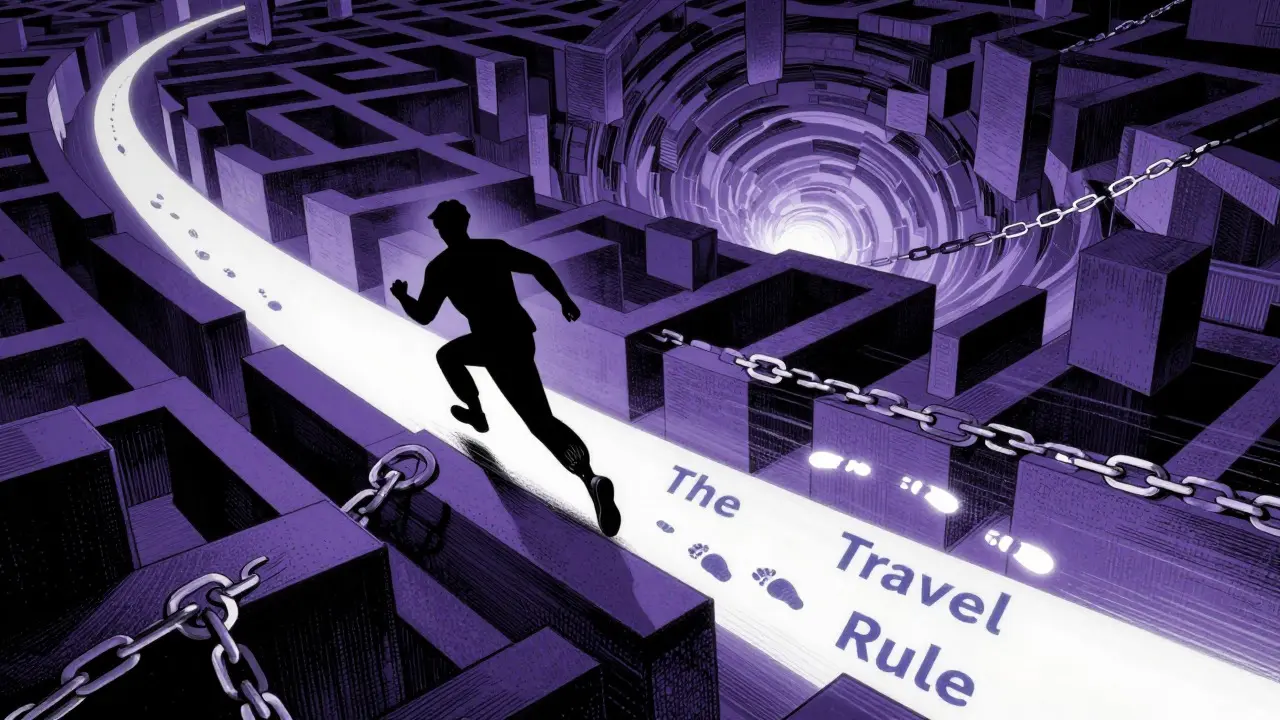A stylized character chasing a shadowy figure through a digital maze of blockchain blocks