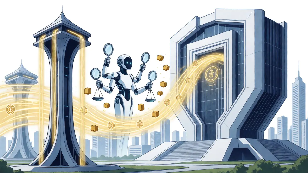 AI guardian sorting crypto data flows into government vaults in a manga style.