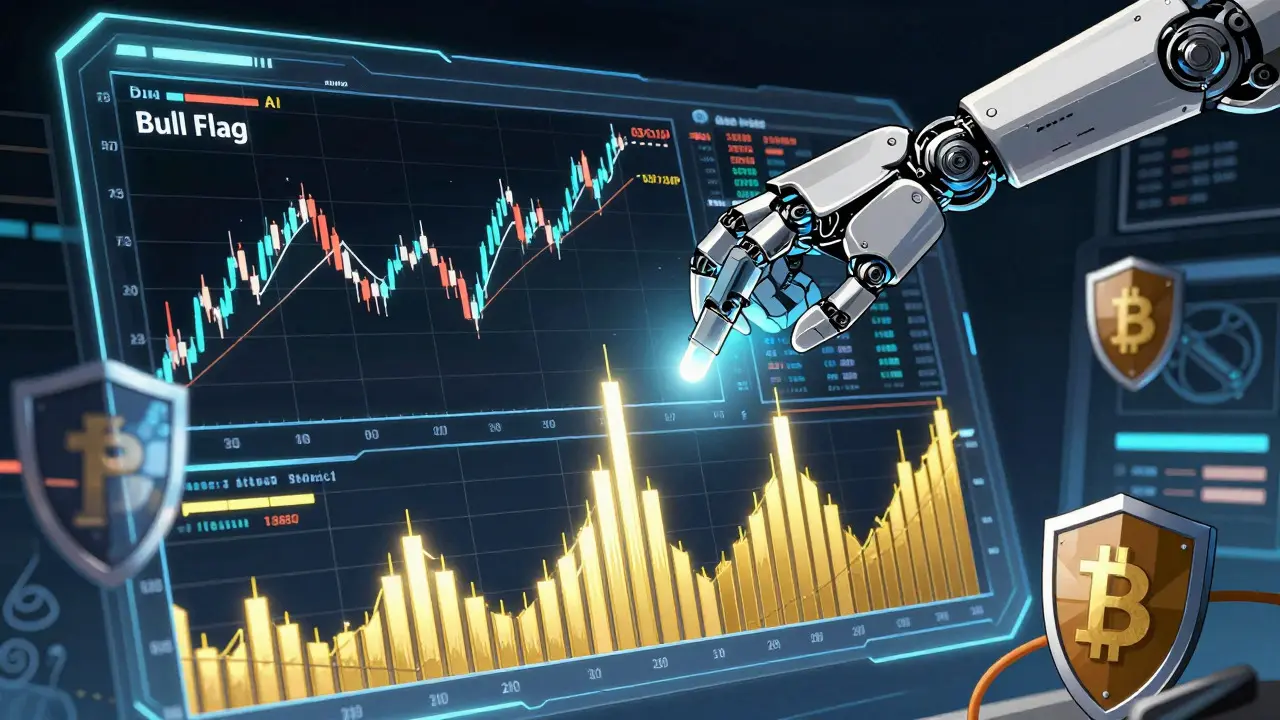 AI interface highlighting a bull flag pattern with volume confirmation spike.