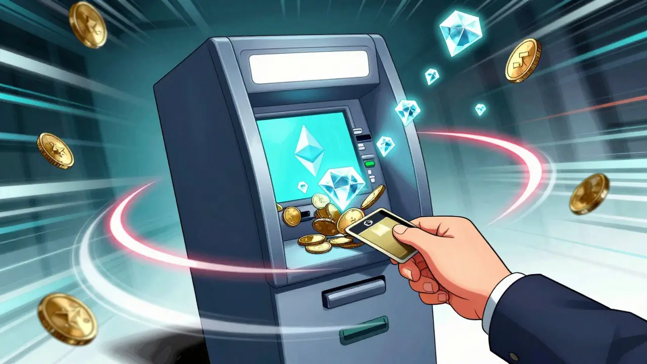 An ATM trapped in a recursive loop, illustrating a reentrancy attack