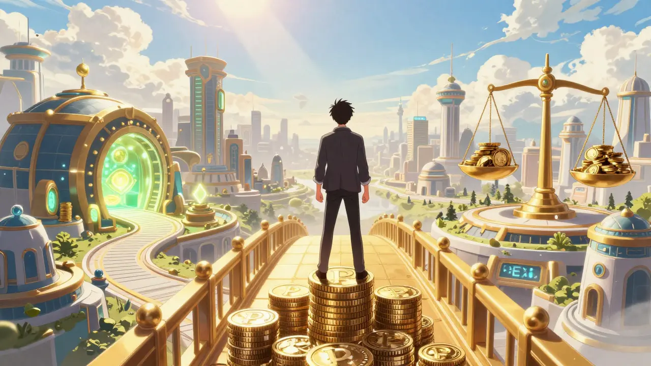 Anime art of a figure standing on a golden bridge overlooking a prosperous DeFi cityscape