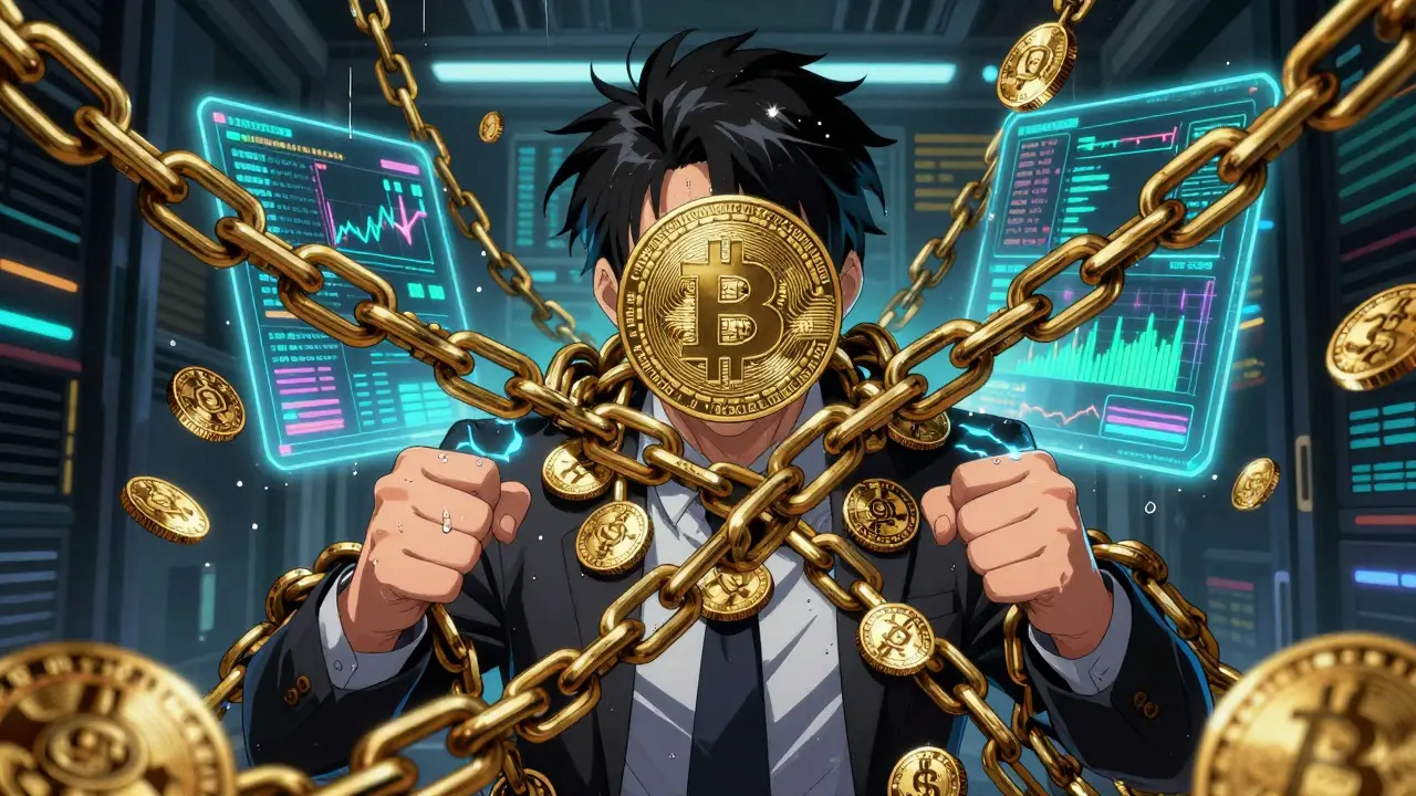Anime character trapped in golden chains amidst digital data streams, symbolizing regulatory costs