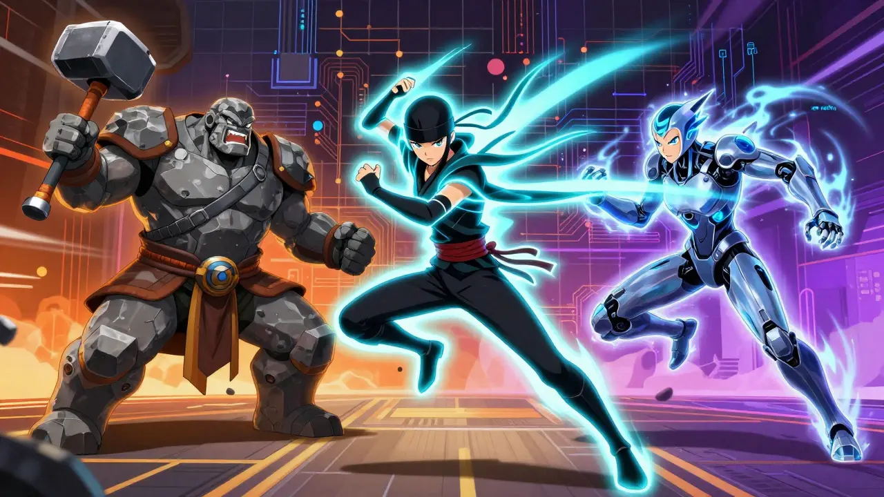 Anime characters representing Scrypt, Keccak-256, and BLAKE2b competing in a digital arena
