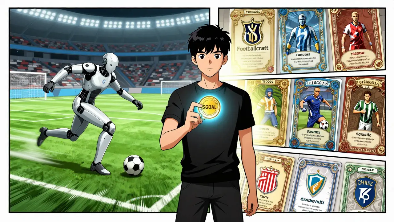 Anime comparison of AI football game versus traditional fantasy cards