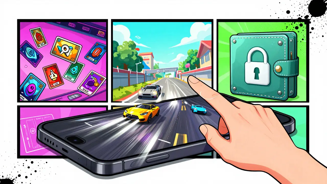 Anime depiction of a smartphone displaying NFTs, games, and a wallet interface