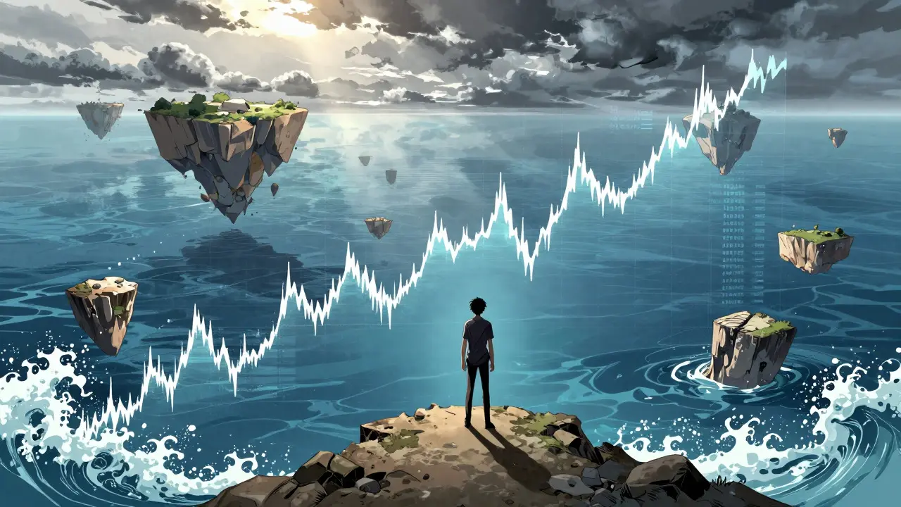Anime figure overlooking a digital sea with chart-like waves, symbolizing crypto volatility.