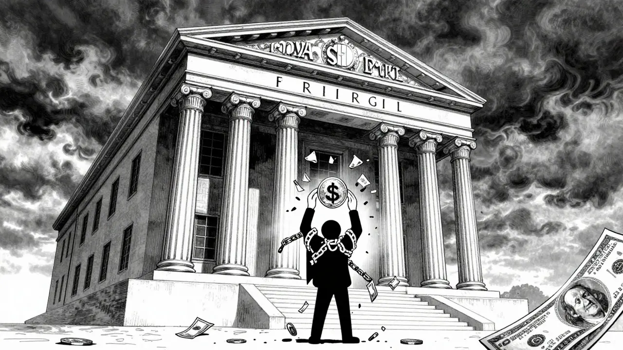 Anime-style art of a person chained by money while a giant bank tower looms overhead